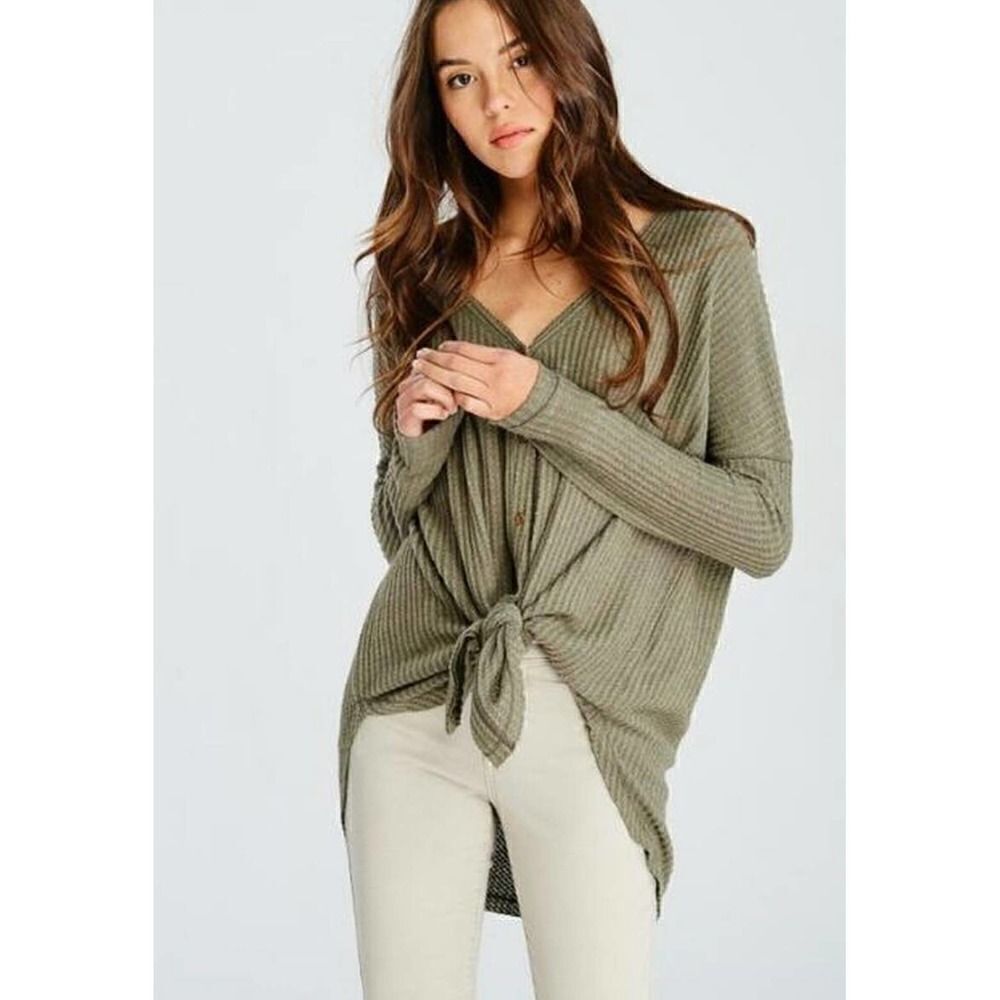 NWT GIBSON Thermal Knit Tie Front Button Down Top In Army Green Size XS